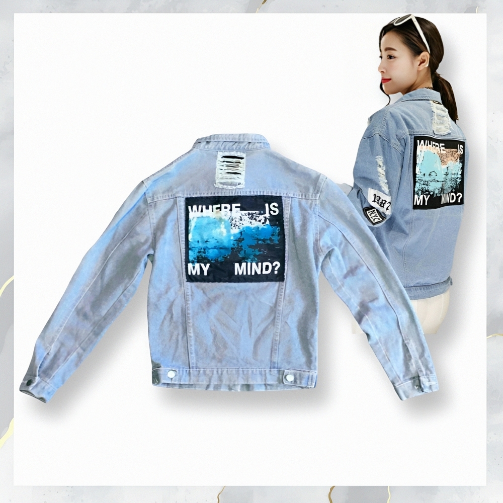 EUC! ALIEN MOOD Destructed Denim Jean Jacket LIGHT BLUE Women's Size Medium